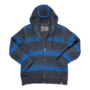 Vtg NSS Gray Blue Graphic Stripe Sherpa Lined Full Zip Hoodie Y2K Skater Cyber S